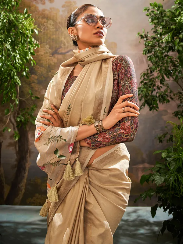 Beige printed saree in linen