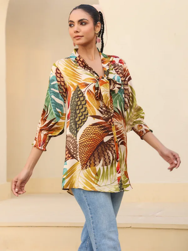 Beige printed satin top