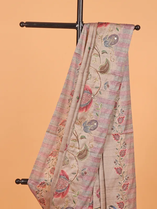 Beige printed semi cotton silk festive wear saree