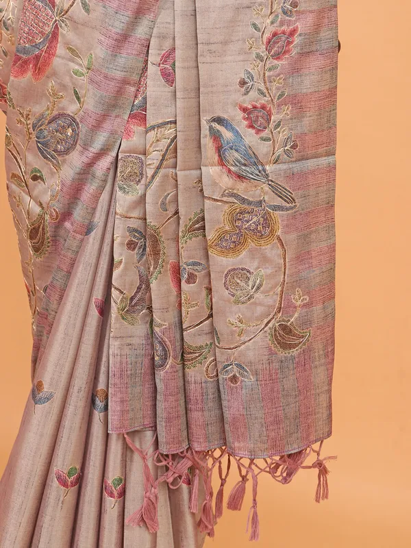 Beige printed semi cotton silk festive wear saree