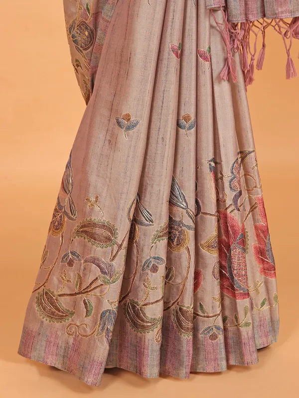 Beige printed semi cotton silk festive wear saree