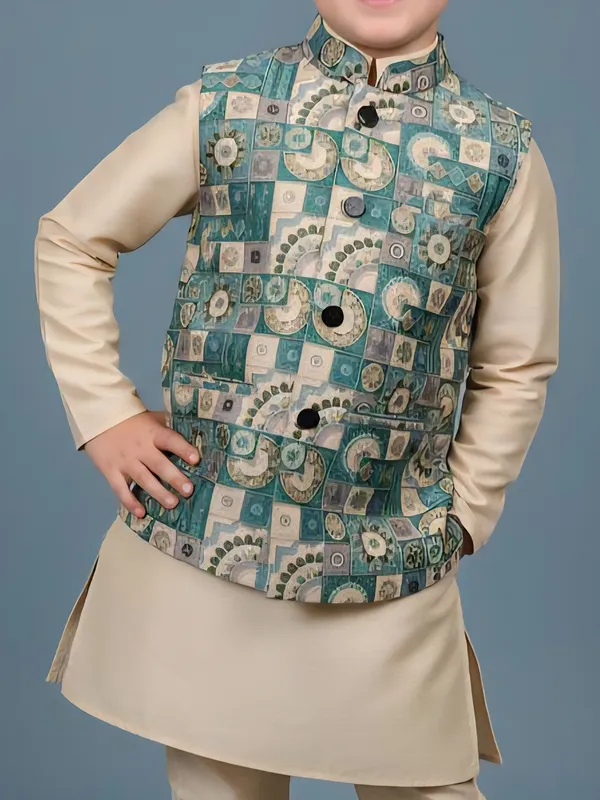 Beige printed semi silk waistcoat churidar set