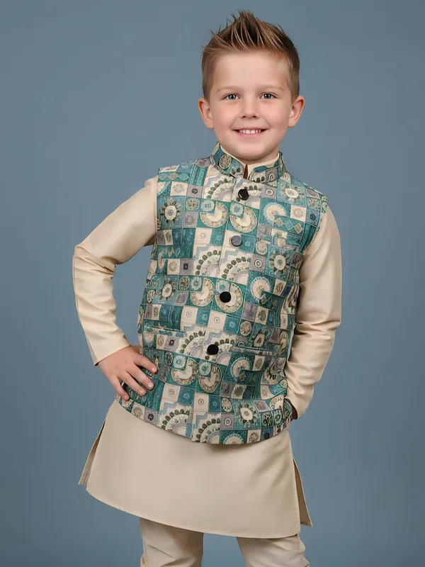 Beige printed semi silk waistcoat churidar set