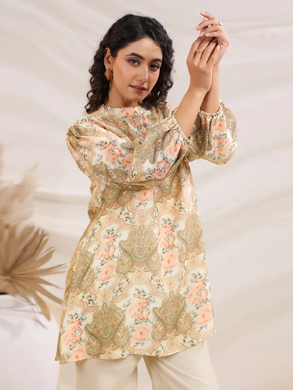 Beige printed sequins worked co-ord set