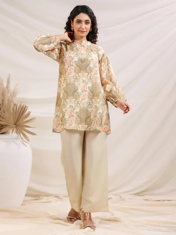 Beige printed sequins worked co-ord set