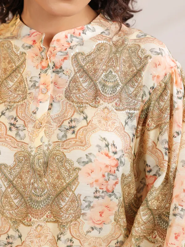 Beige printed sequins worked co-ord set