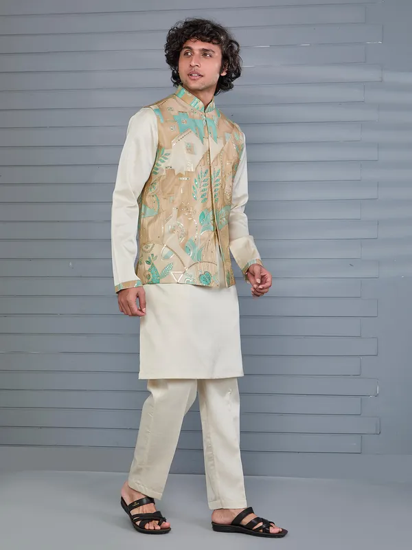 Beige printed viscose silk festive wear waistcoat set