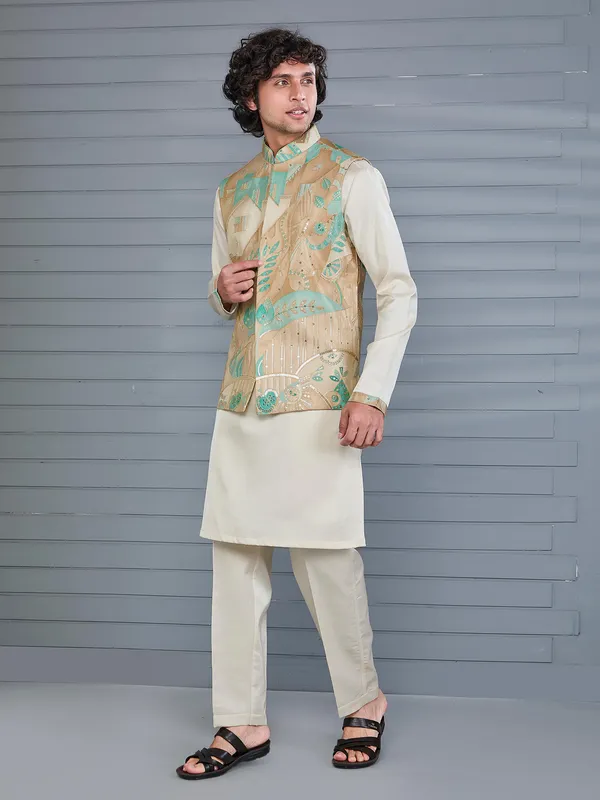 Beige printed viscose silk festive wear waistcoat set