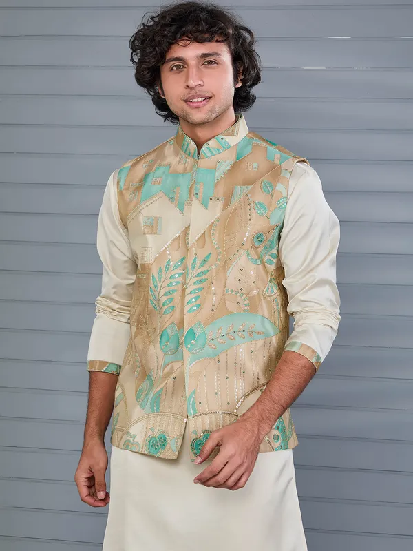 Beige printed viscose silk festive wear waistcoat set