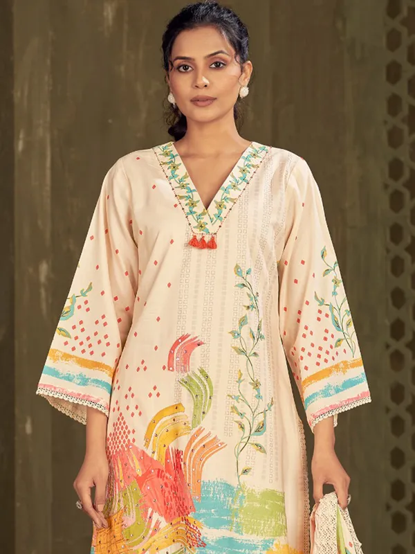 Beige printed silk kurti set for women