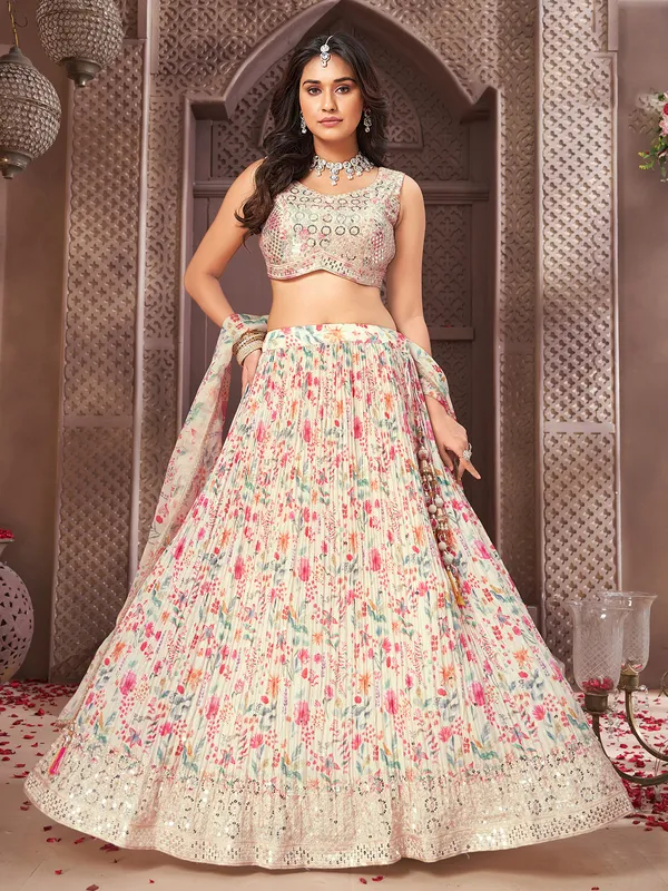 Beige printed silk lehenga choli with sequins embroidery