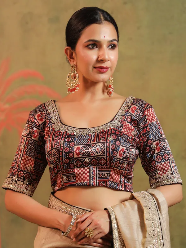 Beige printed silk saree with gota work