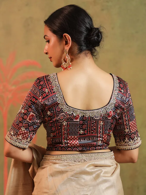 Beige printed silk saree with gota work