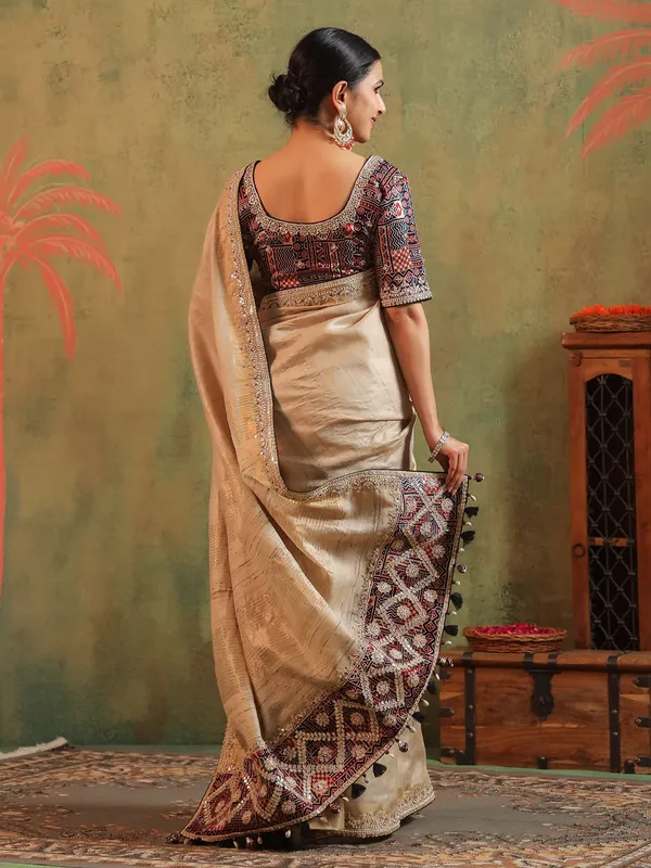 Beige printed silk saree with gota work