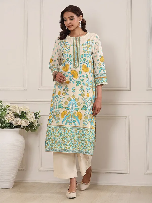 Beige printed straight cut kurti with embroidery