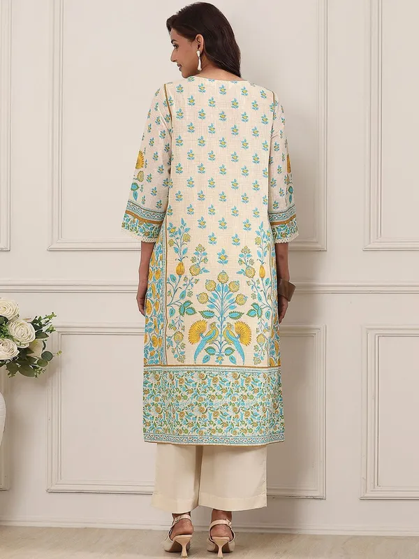 Beige printed straight cut kurti with embroidery