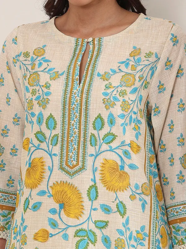 Beige printed straight cut kurti with embroidery