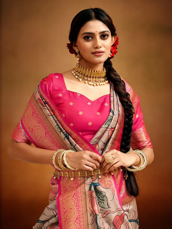 Beige printed tusser silk saree