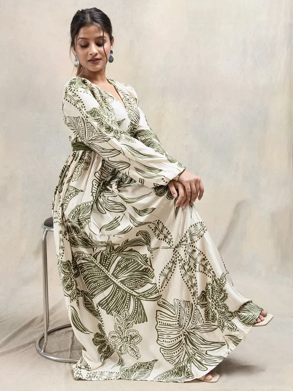 Beige printed v-neck cotton casual dress