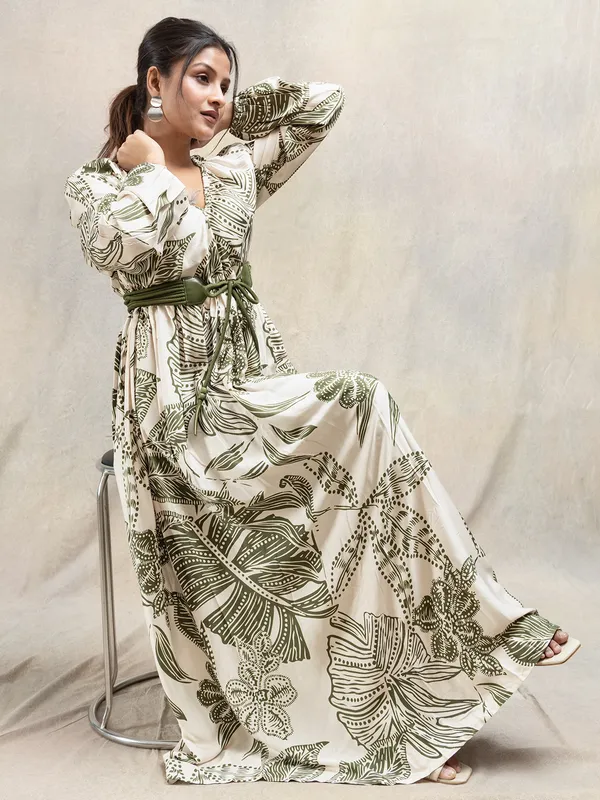Beige printed v-neck cotton casual dress