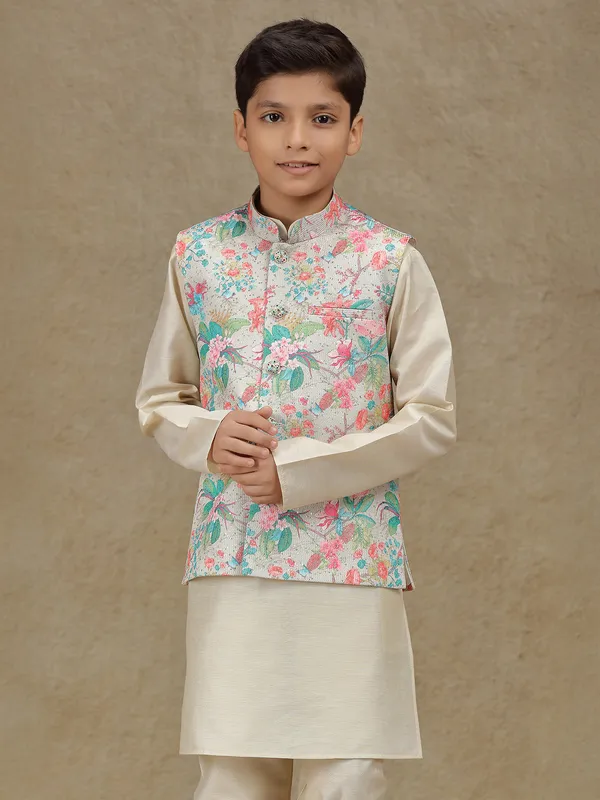 Beige printed waistcoat set with sequins work