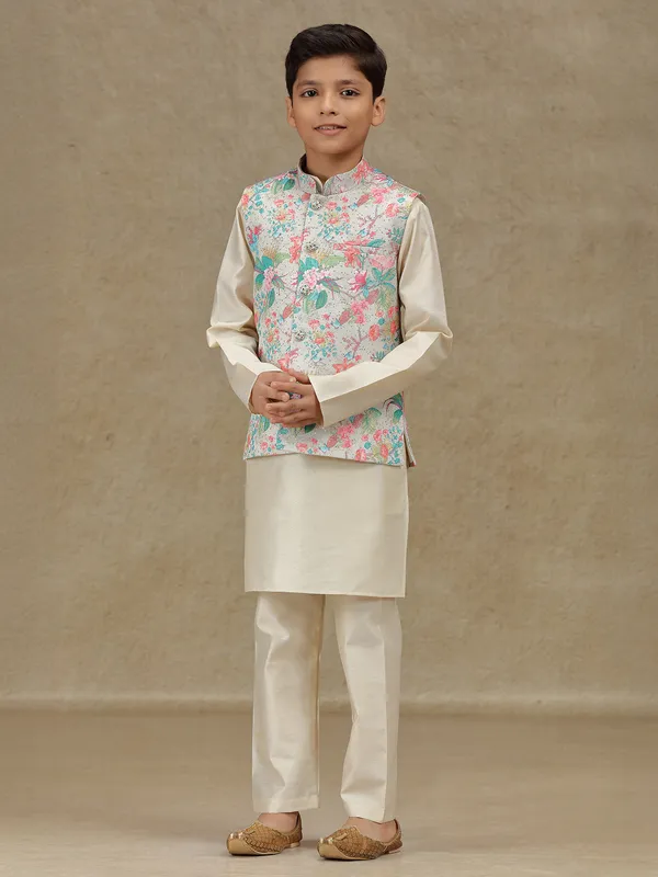Beige printed waistcoat set with sequins work