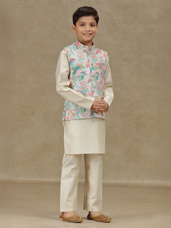 Beige printed waistcoat set with sequins work