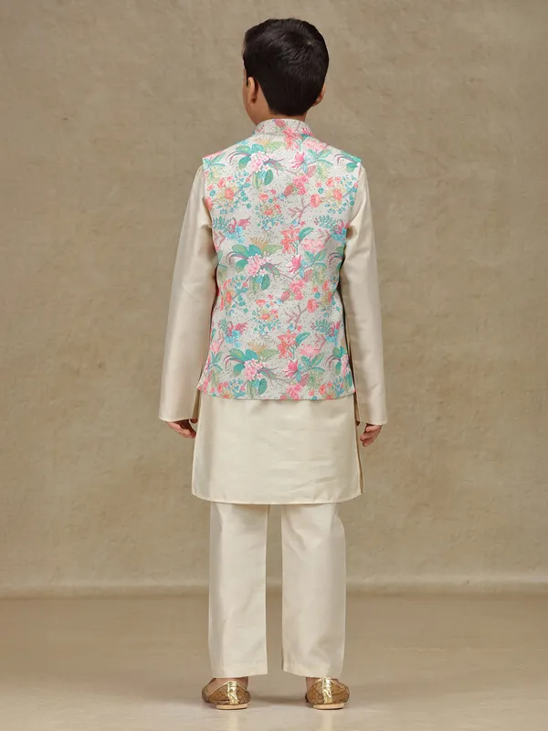 Beige printed waistcoat set with sequins work