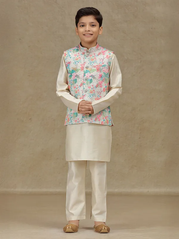 Beige printed waistcoat set with sequins work
