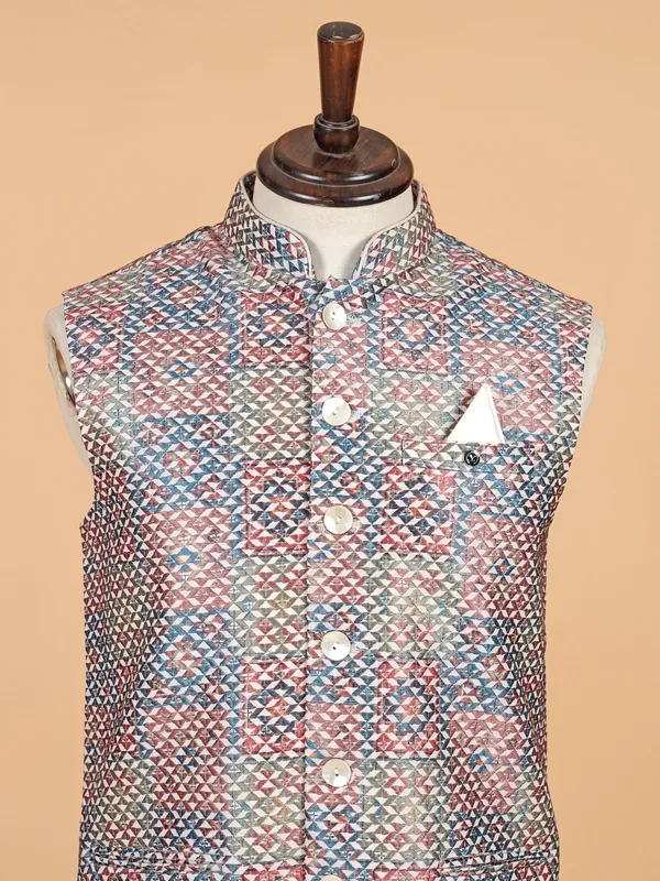Beige printed waistcoat with thread work