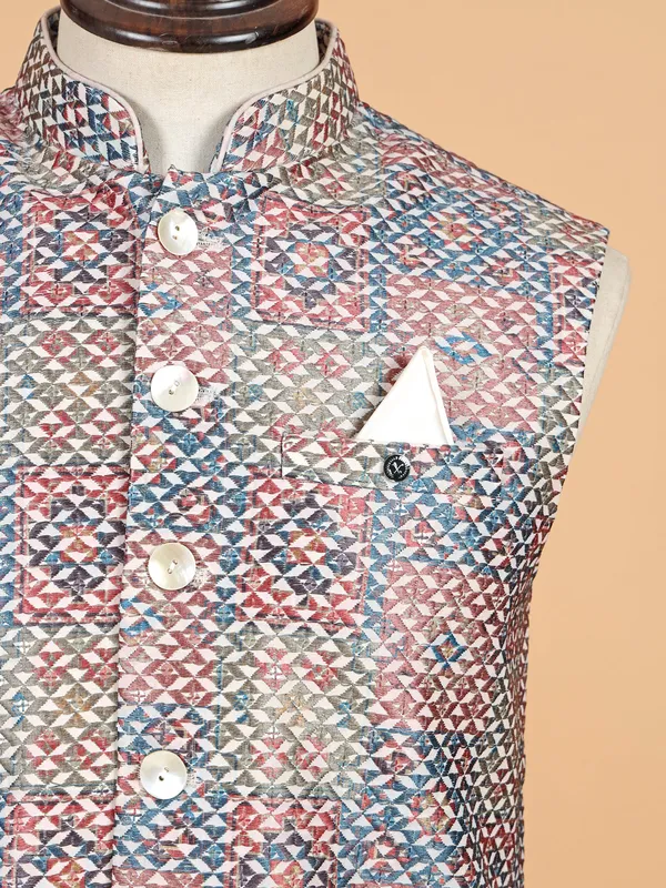 Beige printed waistcoat with thread work