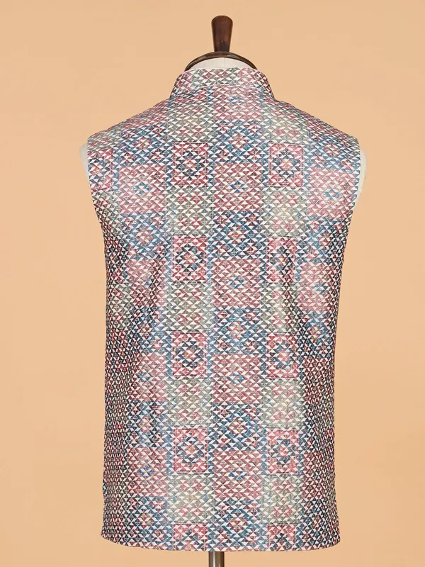 Beige printed waistcoat with thread work
