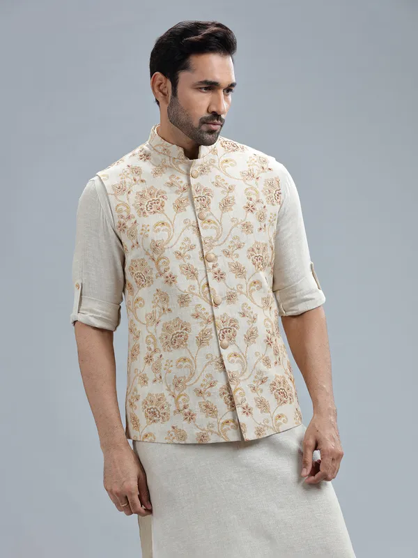Beige pure linen embroidery waistcoat set