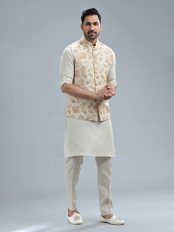 Beige pure linen embroidery waistcoat set