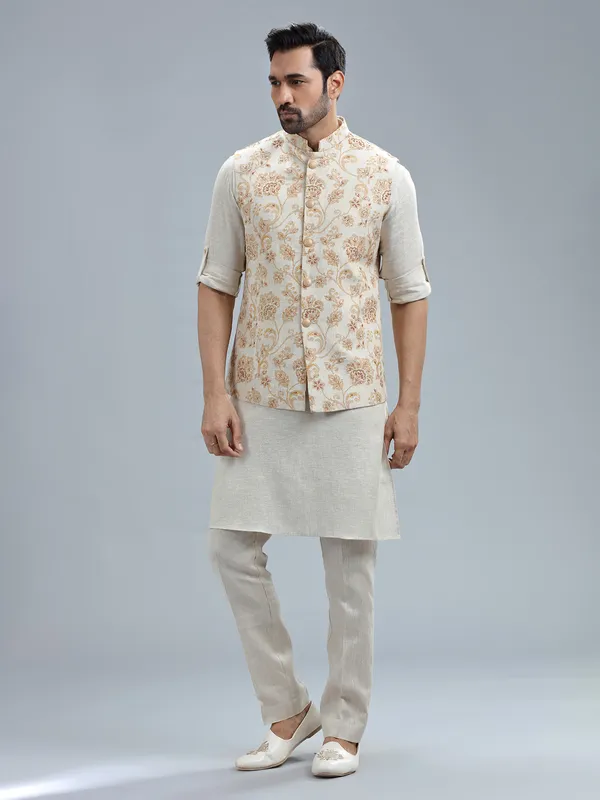 Beige pure linen embroidery waistcoat set