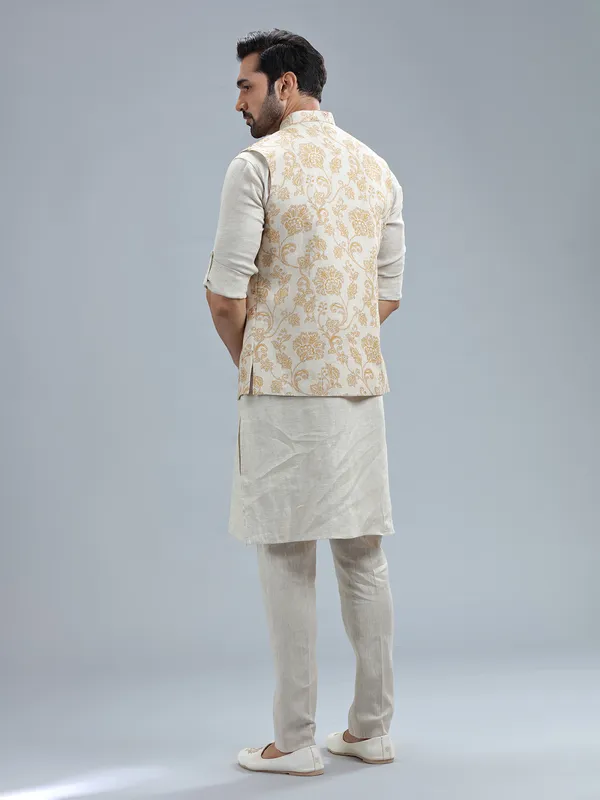 Beige pure linen embroidery waistcoat set