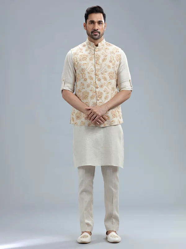 Beige pure linen embroidery waistcoat set