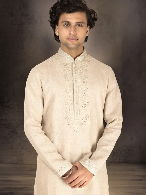 Beige pure linen kurta suit for festive occasions