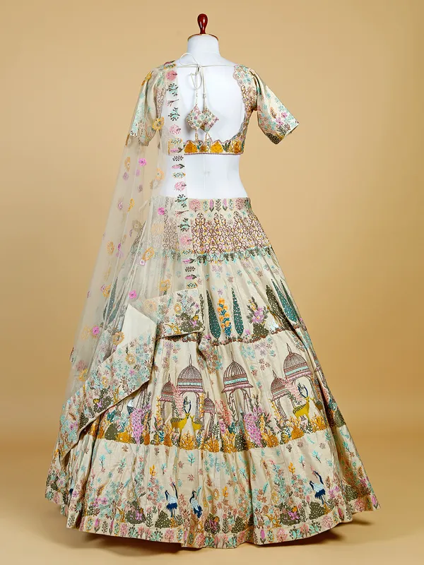 Beige raw silk embroidery lehenga choli