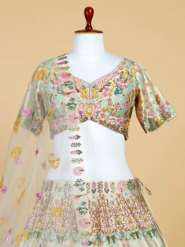 Beige raw silk embroidery lehenga choli