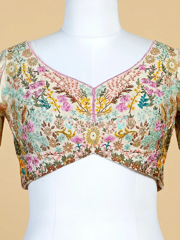Beige raw silk embroidery lehenga choli