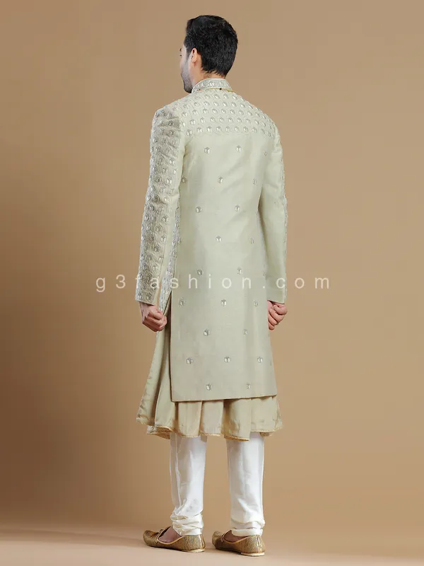 Beige raw silk groom wear men sherwani