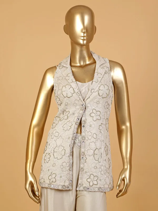 Beige raw silk jacket style palazzo suit