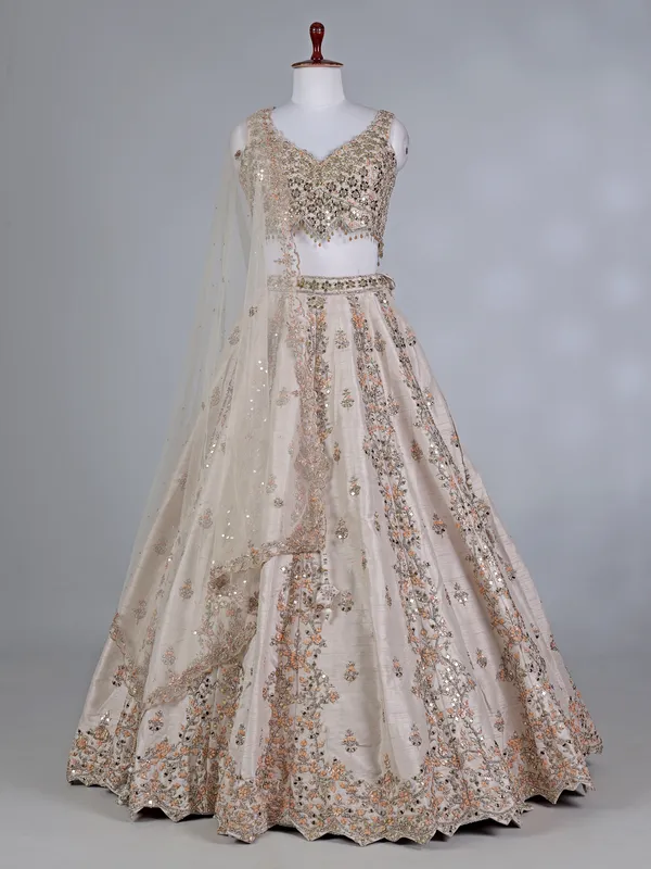 Beige raw silk lehenga choli with sequins shine