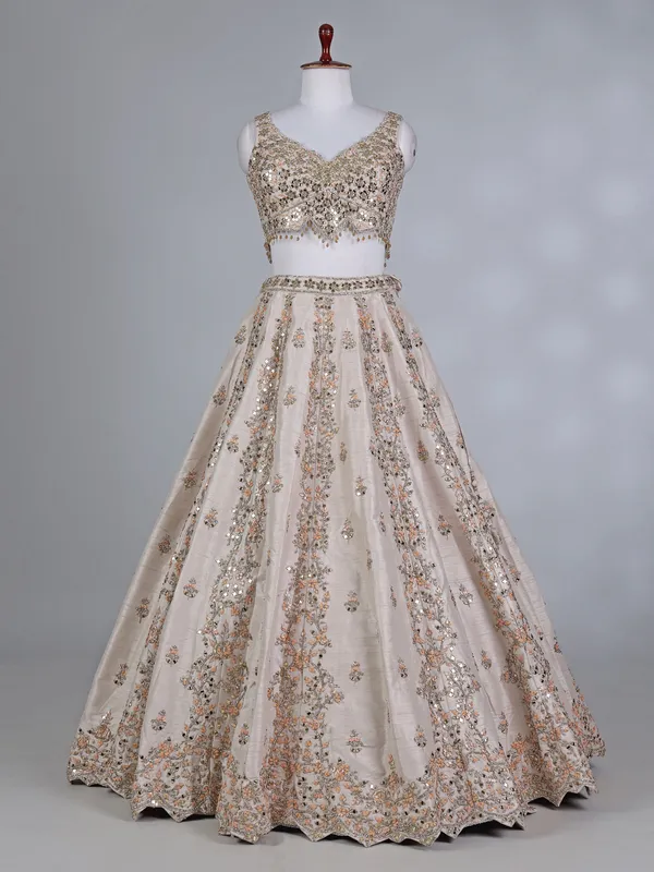 Beige raw silk lehenga choli with sequins shine