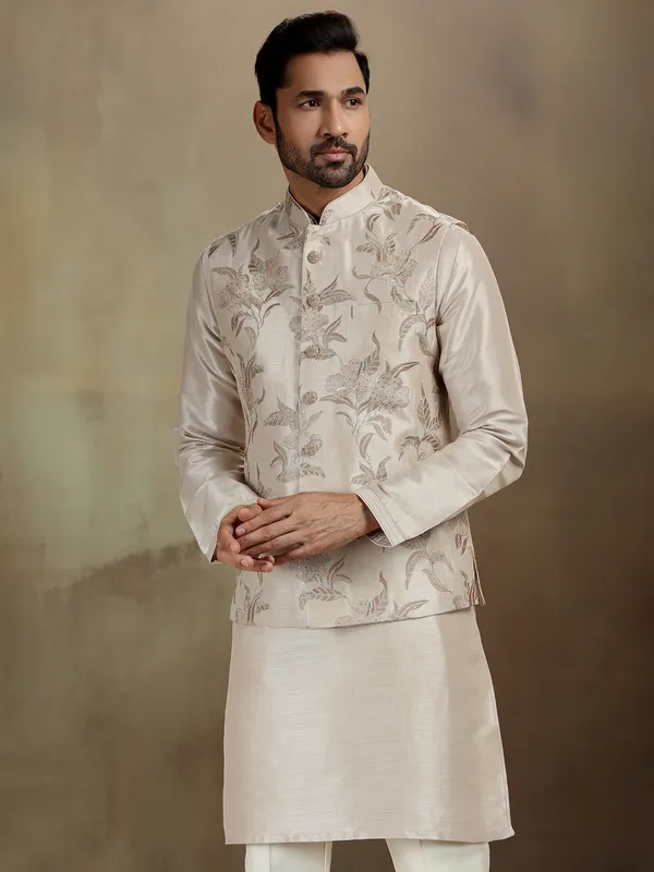 Beige raw silk sequin waistcoat set for men