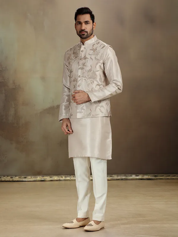 Beige raw silk sequin waistcoat set for men
