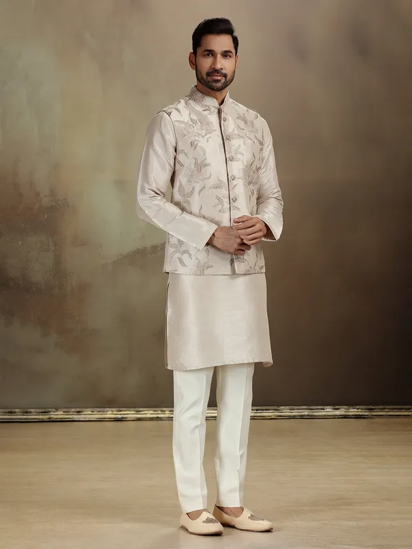 Beige raw silk sequin waistcoat set for men
