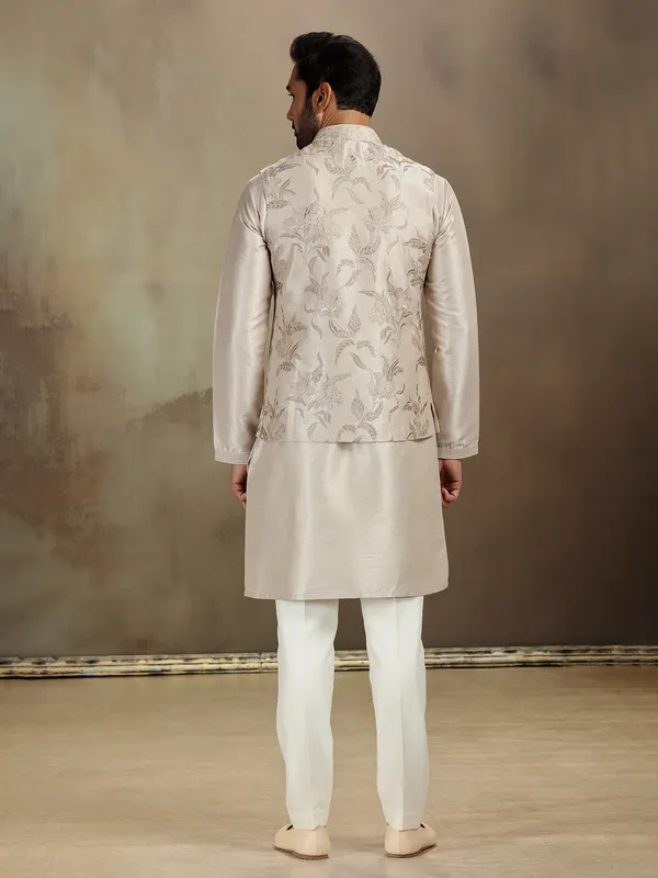Beige raw silk sequin waistcoat set for men