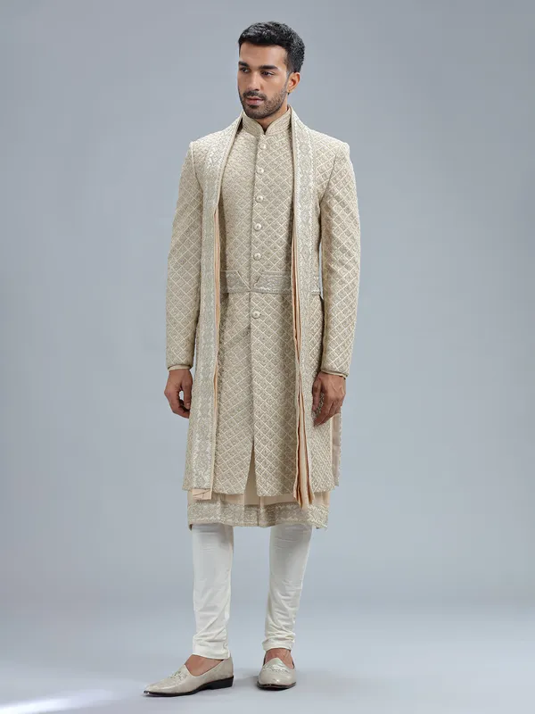 Beige raw silk sherwani with dupatta